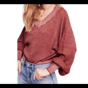 We the Free Dark Red V Cut Neckline, Wide Arm Sleeves, Light Weight Waffle Top
